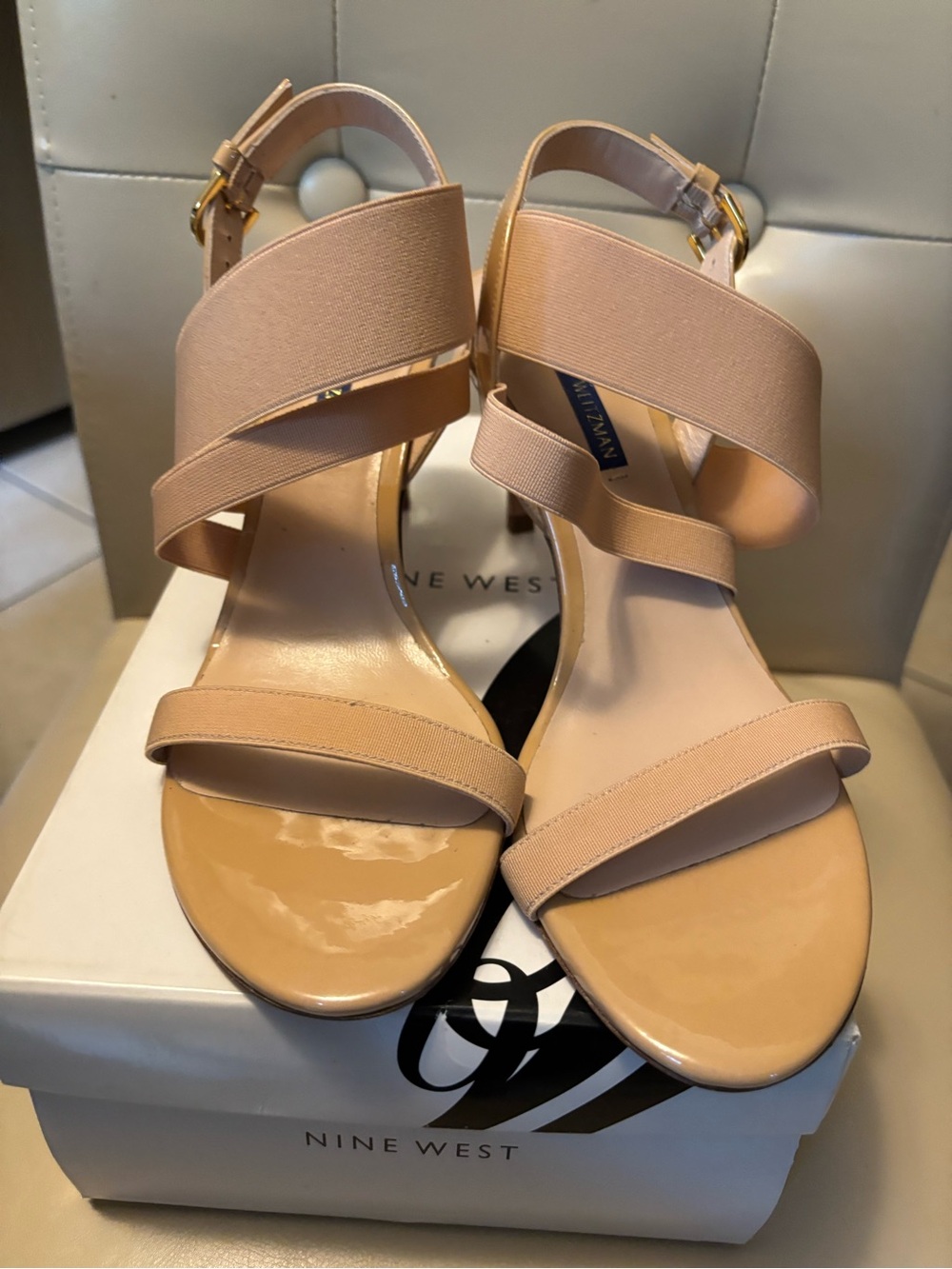Stuart Weitzman Nude Beige Strappy Mid-Heel Sandals